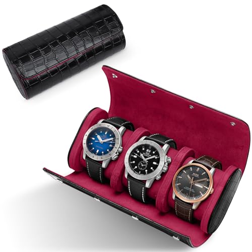 PU Leather Watch Roll Case Organizer-Secure Storage with Removable Pillows & Solid Dividers, Portable Men's Watch Display Case for Home, Travel, and Anniversary Birthday (Black-3 - size: Black-3 Slot