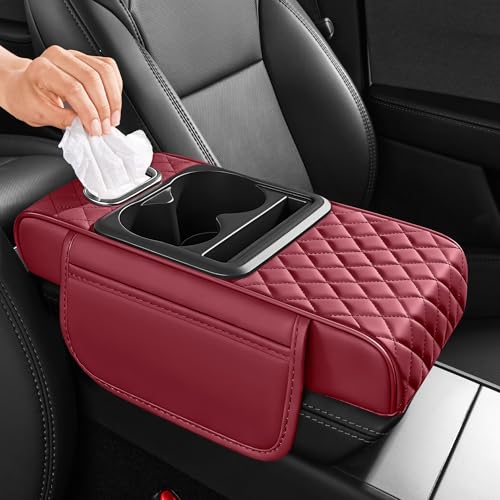 5 in 1 Nappa Leather Console Armrest Cover, Burgundy | Built-in cup holder, tissue slot, phone holder & 2 storage pockets, practical car accessories fit SUV sedan truck - color: Burgundy