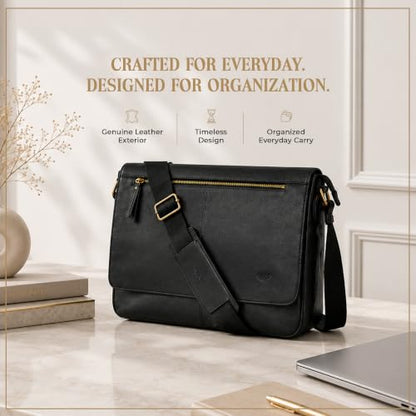 Leather Messenger Bag for Men & Women, Over the Shoulder Bag for Women Crossbody & Mens Briefcase Office Bag - color: Opulent Black