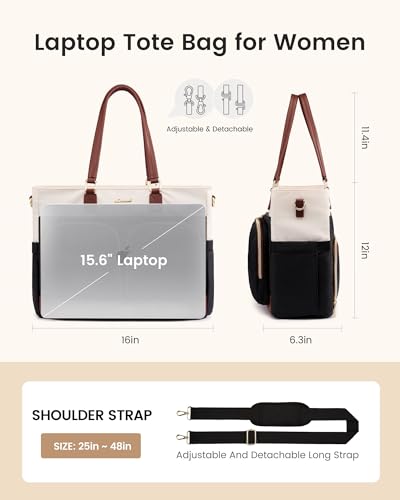 LOVEVOOK Laptop Work Tote Bag with Lunch Compartment & 40oz Cup Holder - color: Brown & White, size: 15.6" Laptop & Lunch Compartment