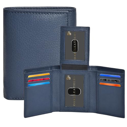 Real Leather Mens Trifold Wallet - RFID Slim Minimalist Front Pocket Gift - color: Blue