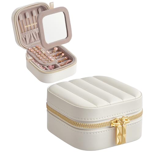 SONGMICS HOME Travel Jewelry Case, Portable Box Organizer with Mirror | Small Jewelry Box, 4.1 x 4.4 x 2.4 Inches, PU Surface with Stitching, Gift Idea, Cloud White, ANAH Collection UJBC179W01 - color: Cloud White, size: 4.1"W