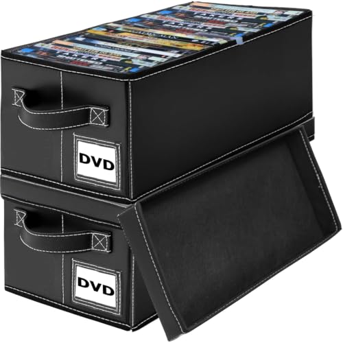 PU Leather DVD Storage Box with Handle - 2 Pack | Holds 50 DVDs/Blu-rays/Games, Compact 15.7x7.9x5.7 Inches, for Desktop/Closet Storage - size: 2 Pack