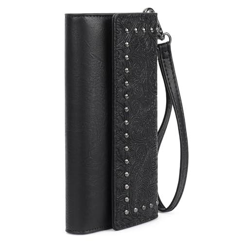 Wallets for Women Trifold Wristlet Wallets Large Capacity RFID Blocking Ladies Purse Credit Card Holder - color: F-Elegant black