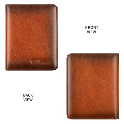 Bifold Slim Men Wallet Genuine Leather Thin, Small Vertical RFID Blocking Wallets for Men ，Compact & Stylish with Clear ID Windows (Brown) - color: Brown
