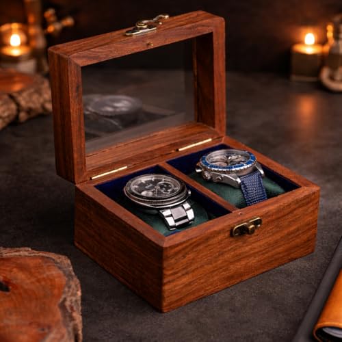 Handmade Mens watch box, Watch display case, Indian Rosewood single watch box case organizer for men, Velvet lining glass lid, Solid Gift for Him | Made for Special Events (DOUBLE SLOT) - size: DOUBLE SLOT