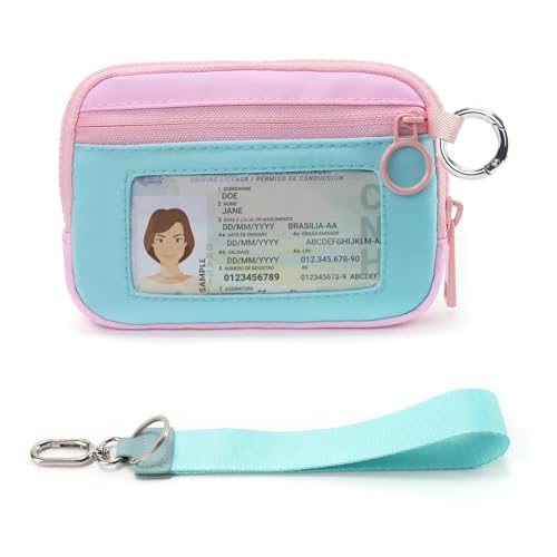 The Iris Wallet Zipper Mini Coin Purse Keychain ID Holder Wallet | Zip Card Case with ID Window Purses for Women Mini Portable Keychain Wallet, Blue and Pink with Lanyard - color: Blue and Pink