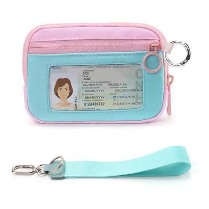 The Iris Wallet Zipper Mini Coin Purse Keychain ID Holder Wallet | Zip Card Case with ID Window Purses for Women Mini Portable Keychain Wallet, Blue and Pink with Lanyard - color: Blue and Pink