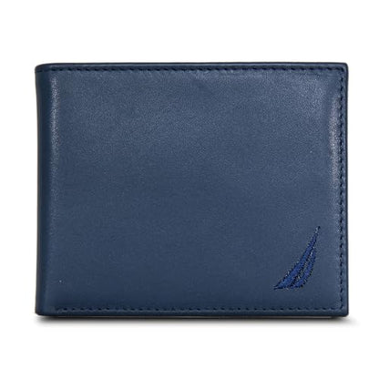 Nautica Men's Bifold Leather Wallet | RFID Blocking | ID Window | Card Slots | Organization | Durable | Stylish - color: Émbroidered Sail - Navy