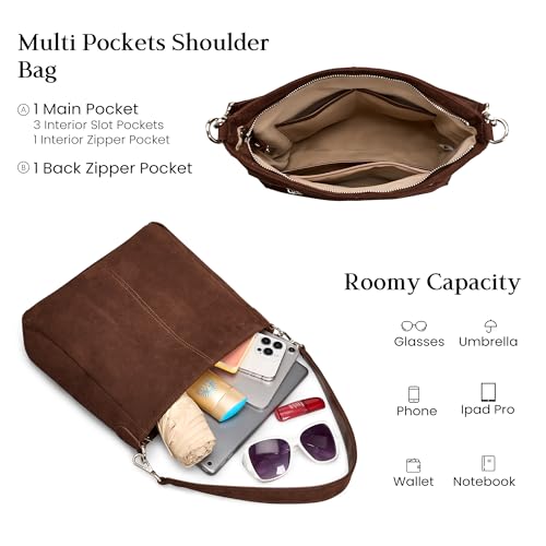 befen Soft Genuine Leather Hobo Bags Purse for Women Crossbody Shoulder Bag | Real Leather, Slouchy Shoulder Bag, 2 Detachable Shoulder Straps, Multi Pockets - color: Suede Hobo Coffee