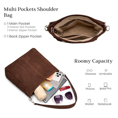 befen Soft Genuine Leather Hobo Bags Purse for Women Crossbody Shoulder Bag | Real Leather, Slouchy Shoulder Bag, 2 Detachable Shoulder Straps, Multi Pockets - color: Suede Hobo Coffee