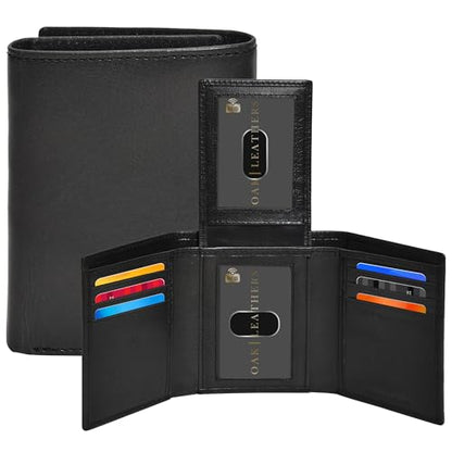 Real Leather Mens Trifold Wallet - RFID Slim Minimalist Front Pocket Gift - color: Black