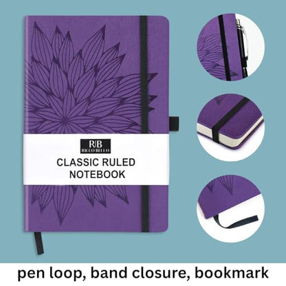 RICCO BELLO Lined Journal Notebook, Purple Bloom, 5.7 x 8.4-Inches | Faux Leather Hardcover, Pen Holder, College Ruled, 96 Sheets / 192 Pages, For Work & Notes - color: Purple Bloom