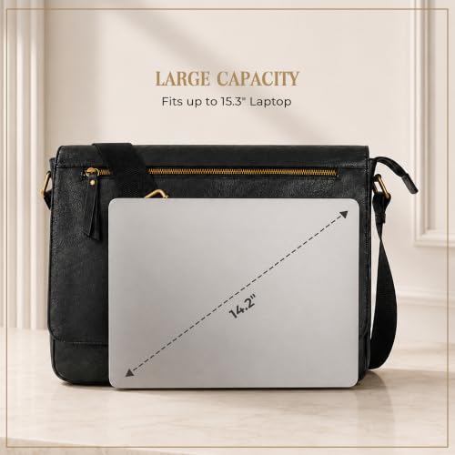 Leather Messenger Bag for Men & Women, Over the Shoulder Bag for Women Crossbody & Mens Briefcase Office Bag - color: Opulent Black