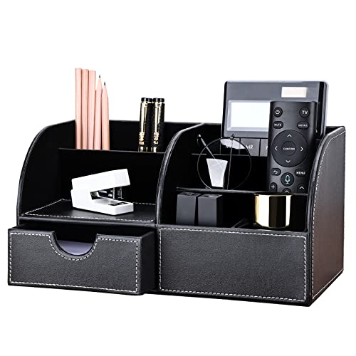 KINGFOM Pu Leather Desk Organizer Pen Pencil Holder Office Supplies Caddy Storage Box 6 Compartments with Drawer Black - color: Black