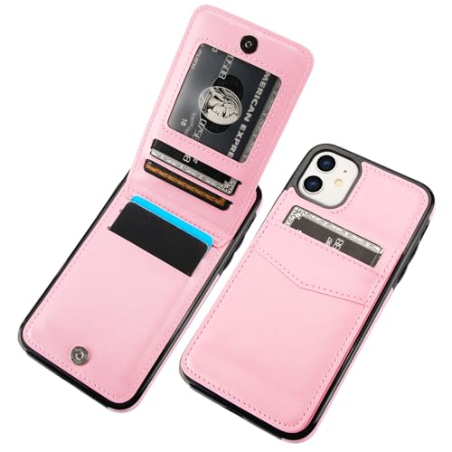 KIHUWEY for iPhone 11 Wallet Case Card Holder Kickstand, Pink | Credit Card Slots, PU Leather, Magnetic Clasp, Flip Heavy Duty Protection Cover for Men and Women - color: Pink