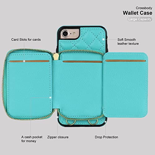 Bocasal Crossbody Wallet Case for iPhone SE 2022/SE 2020/8/7, Green | RFID Blocking PU Leather Zipper Handbag Purse, Kickstand Flip Folio Case with Card Slots Holder Wrist Strap Lanyard 4.7 Inch - color: Green