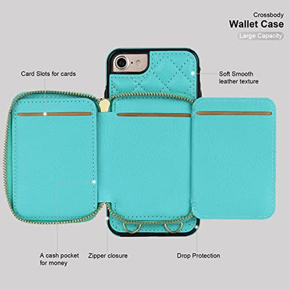Bocasal Crossbody Wallet Case for iPhone SE 2022/SE 2020/8/7, Green | RFID Blocking PU Leather Zipper Handbag Purse, Kickstand Flip Folio Case with Card Slots Holder Wrist Strap Lanyard 4.7 Inch - color: Green