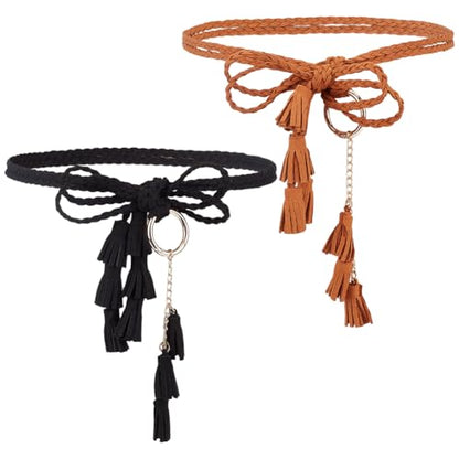 2Pcs 2 Colors Faux Suede Tassel Braid Belt PU Leather Bohemian Black Brown Woven Rope Tie Knotted Stretch Waistband - color: Black, Brown
