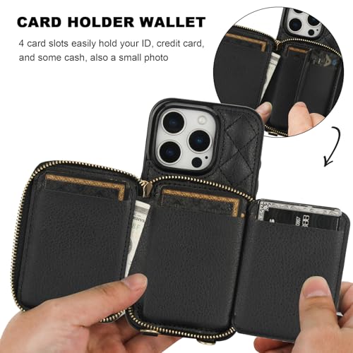 Bocasal Crossbody Wallet Case Card Holder for iPhone 16 Pro, Black | RFID Blocking PU Leather Zipper Handbag Purse, Kickstand Flip Folio Case with Card Slots Holder Wrist Strap Lanyard 6.3 Inch - color: Black