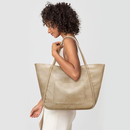 KKXIU Large Tote Bag for Women with Zipper Work Leather Travel Purse and Handbags - color: Beige