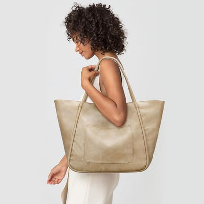 KKXIU Large Tote Bag for Women with Zipper Work Leather Travel Purse and Handbags - color: Beige