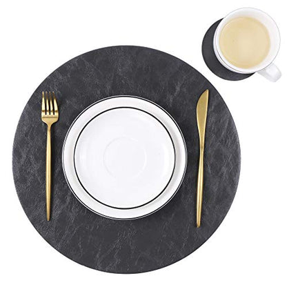 Jovono Set of 4 Round Placemats and Coasters, Faux Leather Table Mats and Desk Coasters, Plate mat Easy to Clean for Round Dining Rable, Diameter 13'' and 3.9'' Gray - color: E Graphite Grey, size: Set of 4