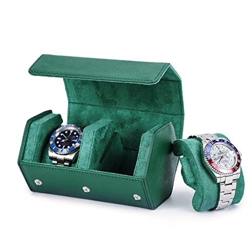 Hiram Genuine Leather Saffiano Leather Watch Roll Travel Case, Leather 2-Watches Roll Case for Treasured Watches and Bracelets(Green) - color: Green, size: 2-slots