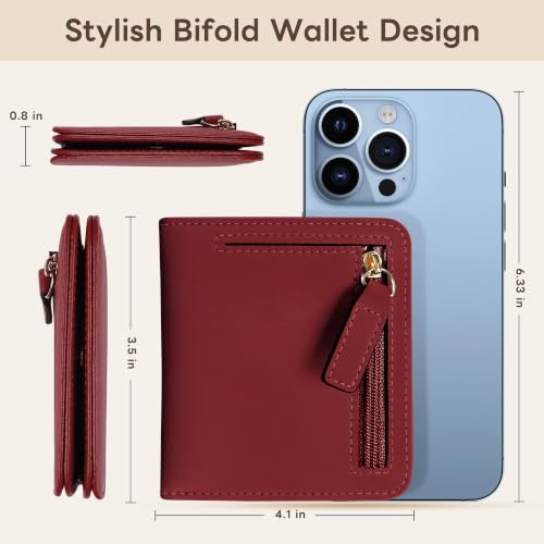 Small Wallet Women RFID Blocking Leather Bifold Compact Card Holder Wallet for Women With Zipper Coin Pocket ID Window (Deep Red) - color: Deep Red