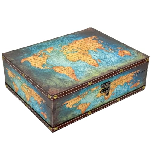 Treasure Box Vintage Wooden + PU Leather Decorative Trinket Jewelry Box Memento Case Box Keepsake Box Gifts For Kids Girls Women Men Home Decor (Map/Green, Medium) - color: Map/Green, Medium