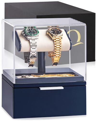 QWATCH Watch Stand Display Case - Acrylic Watch Box for 2 or 4 Watches with Jewelry Valet Tray and Drawer - color: Single - Navy / Ivory
