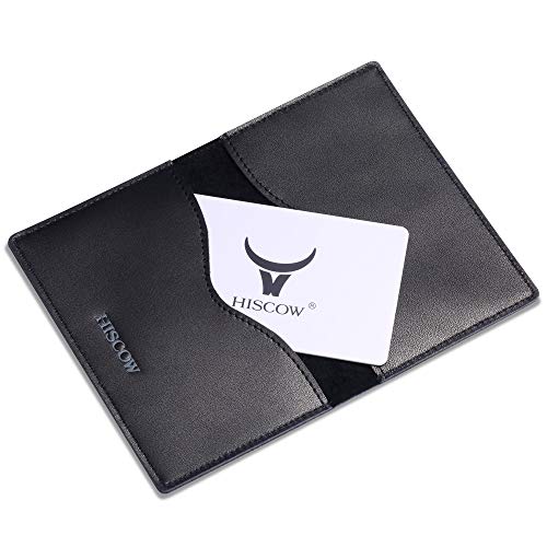 HISCOW Men's Slim Full Grain Leather Business Card Holder, Black | Minimalist unlined raw edge, ultra-thin profile, bifold front pocket wallet, holds folded cash, premium gift box - color: Black, Dark Blue logo