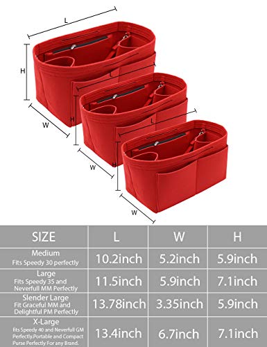LEXSION Felt Purse Organizer Insert Zipper Pocket with Two Removeable Bottle Holder - color: Red, size: X-Large