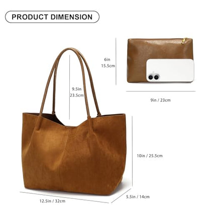 Suede Tote Bag for Women with Leather Purse Work Handbags - color: Brown