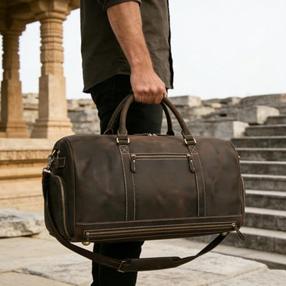 Full Grain Leather Duffel Bags for Men and Women Travel Overnight Weekend Leather Bags Sports Gym Duffel - color: 9801 Dark Brown