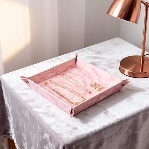 Valet Tray Desktop Storage Organizer – Vegan Leather Catchall Bedside Vanity Tray Nightstand Caddy Holder for Remote Controller, Watch, Keys, Phone, Wallet, Coin, Jewelry, Marble Pink - color: Marble Pink