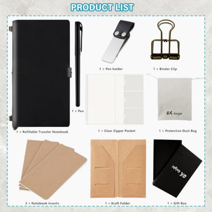 Leather Journal Travelers Notebook - 8.6 x 4.7 Inches Standard TN, Refillable Travel Journal with 3 Inserts, Zipper Pocket, Pen Holder, Binder Clip, Leather Notebook for Travel, Students, Office, Black - color: TNS-Black