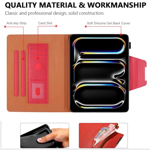 Folio Case for iPad Pro 11-inch M5 2025/M4 2024, Techcircle Anti-Slip Stand PU Leather Soft TPU Back Magnetic Smart Cover with Pencil Holder + Card Slots + Front Pocket, Auto Sleep/Wake, Red - color: 02 Red, size: iPad Pro 11 2024-2025