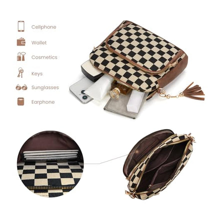 Checkered Crossbody Purses for Women Plaid Medium Cross Body Wallet Trendy Over the Shoulder Handbags - color: F01-brown With Cherry