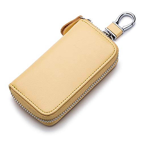 Genuine Leather Key Holder Bag with 2 Card Slot & 6 Hooks & 1 Access Card,Key Case Car Key Holder Wallet for Men Women - color: Golden