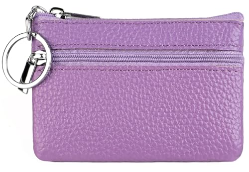 Women's Leather Small Coin Purse with Keychain, Mini Card Holder Case (Light Purple) - color: Light Purple