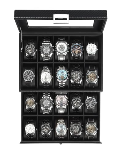 Kukikan Mens Watch Box Jewelry Organizer, 2-Layer 20-Slot Watch Case -Black | 2-Layer Lockable Watch Storage for Men, Large Glass Lid, Mens Room Accessories Jewelry Case, Watch Display Holder with Drawer - color: Black, size: 20-slot