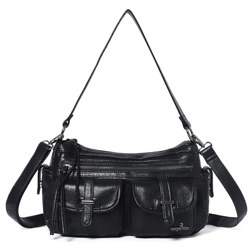 Angel Kiss Hobo Purses for Women Crossbody Shoulder Bag Ladies Multi Pocket Handbags with Adjustable Shoulder Strap | Soft Vegan Leather - color: Black