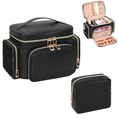 Bagmoly Makeup Bag Travel 2 Pcs Set Cosmetic Toiletry Bag, Black | Cosmetic Pouch Large Capacity with Makeup Brush Compartment, Cosmetic Travel Bag with Divider and Handle Toiletry Bag - color: 04-Leather Black, size: Large