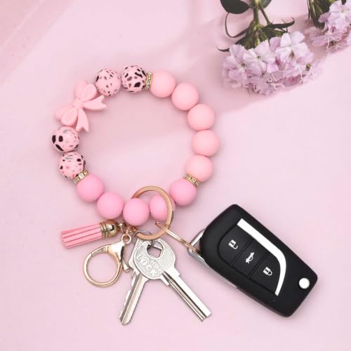 BAOSIWA Silicone Beaded Keychain Wristlet Key Ring Bracelet Cute Car Key Chain Holder for Women Girls - color: Bow