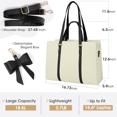 NUBILY Laptop Bag for Women 15.6 inch Leather Work Tote Bag | Waterproof Computer Bag with Bow Large Briefcase with Multi-Pockets Handbag Purse for Business Office Commuting Beige Black - color: Beige Black