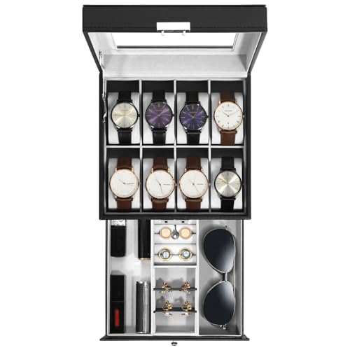 Uten Watch Case 8 Slot, Lockable Watch Box, Jewelry and Sunglasses Drawer - color: Gray, size: 2-layer 8 Slots