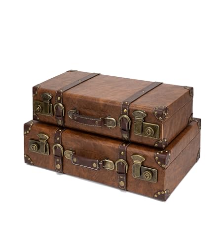 feilario Vintage Leather Storage Trunk, Wooden Core Decorative Prop | Wooden core, leather wrap and riveted corners create vintage charm for decor, photoshoots, gifting and display - color: Brown-S/L Set