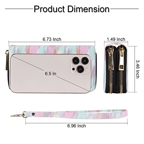 XEYOU Double Zipper Long Clutch Wallet Cellphone Wallet for Women with Removable Wristlet Strap for Credit Card, Cash, Coin, Bill - color: Pink+green+yellow