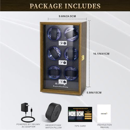 Watch Winder for Automatic Watches, Walnut 6 Slots Winding Watch Box with Japanese Blue LED & Quiet Motor for Rolex and Auto Watches, Wooden Rotating Watch Case Used for Display, Storage & Gift - size: 6 slots